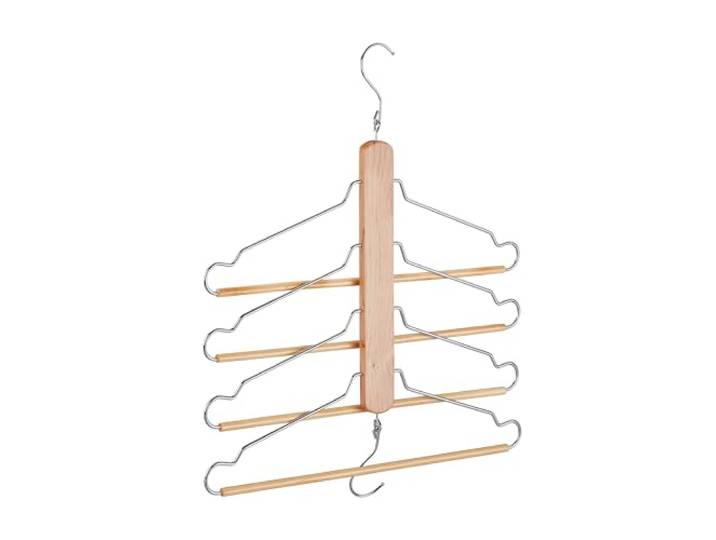 Relaxdays ruimtebesparende kledinghanger, 4 kleerhangers met broeklat, lotushout, metaal, broekhangers, natuur/zilver