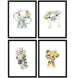 POSTER Set mit 4 Tiger Hypopotamus Elefant und Zebra A3 Schwarzer Rahmen