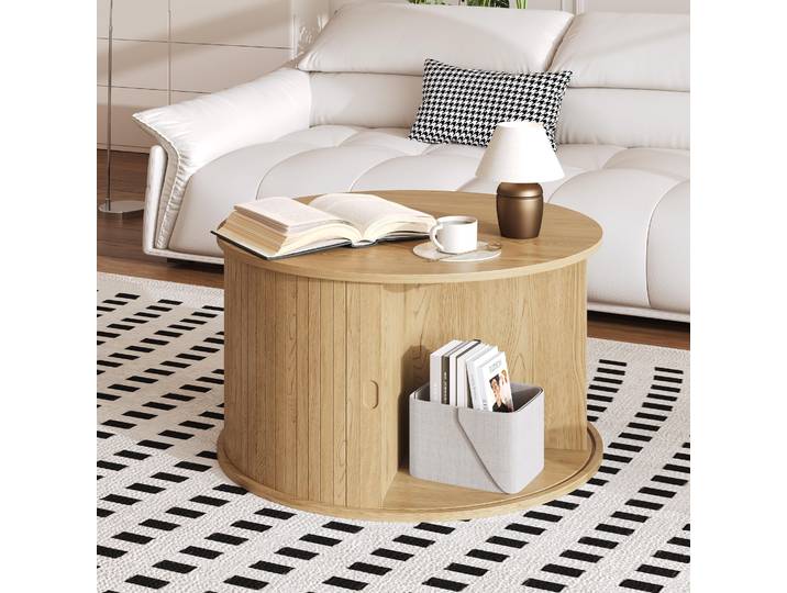 Table basse moderne du milieu du siècle avec rangement, table d'appoint cannelée avec porte tambour coulissante pour salon