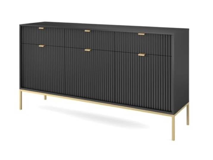Emporius Sideboard mit Schubladen Galla - Dreitürige Sideboard 150 cm, Wohnzimmer - Gold Griffen, geriffelten Fronten - Schwarz + Gold