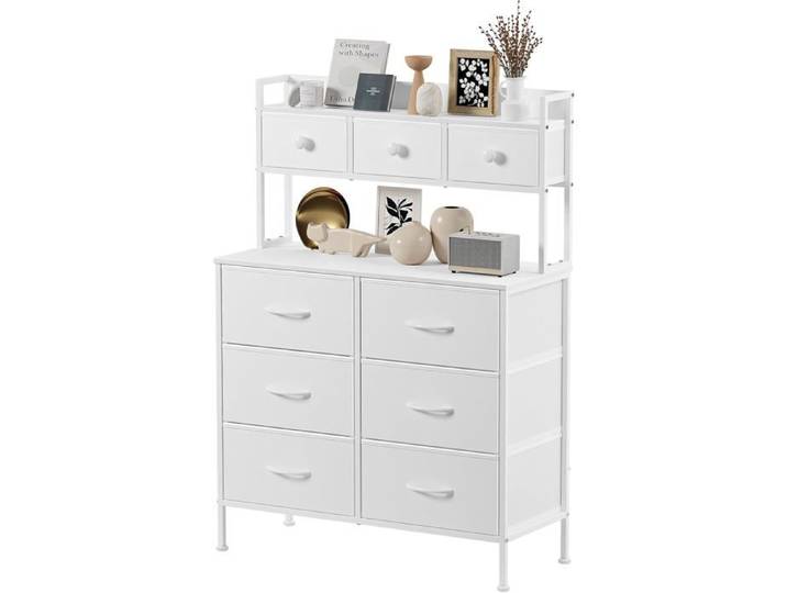 Commode Haute 9 Tiroirs Grande Capacité Rangement Chambre Et Salon Structure Métal Montage Facile Blanc
