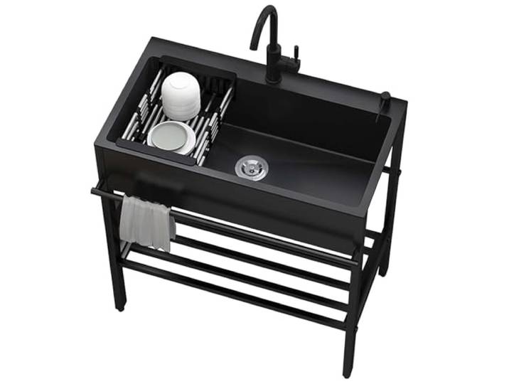 304 Spuelbecken Edelstahl Schwarz Außenbereich Spülbecken 1 Becken Utility Waschbecken Hand kommerzielle Catering-Küchenspüle mit Hahn für Innen Garten Wäscheraum im Freien,80cm