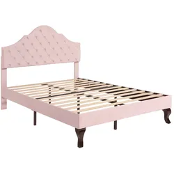 Merax Polsterbett 140x200 Doppelbett aus Samt mit Höhenverstellbares Kopfteil & Lattenrost Rosa