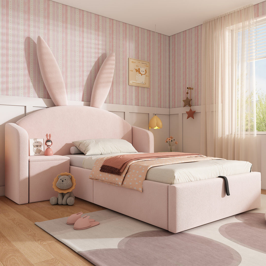 Happy Larry 90 x 190 cm Single Upholstered Bunny Ears Bed with Hydraulic Storage & Nightstand, Pink Pink