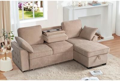 Modern Chenille Sectional Sofa with Storage Chaise and Cupholder Tray by GDFStudio