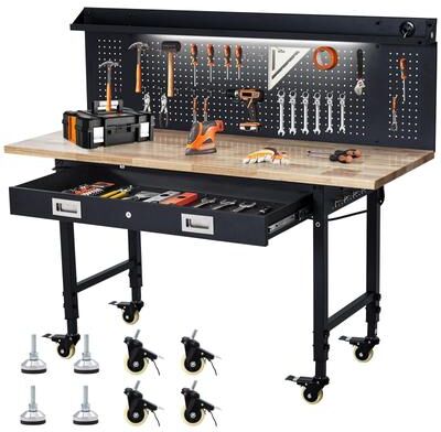 "Garvee 60"" x 22"" Adjustable Height Worktable, Workbench with Drawer, Pegboard for Office, Garage"