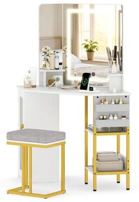 Costway Corner Vanity Desk with Mirror and Lights Makeup Dressing Table with Triple Mirror-White