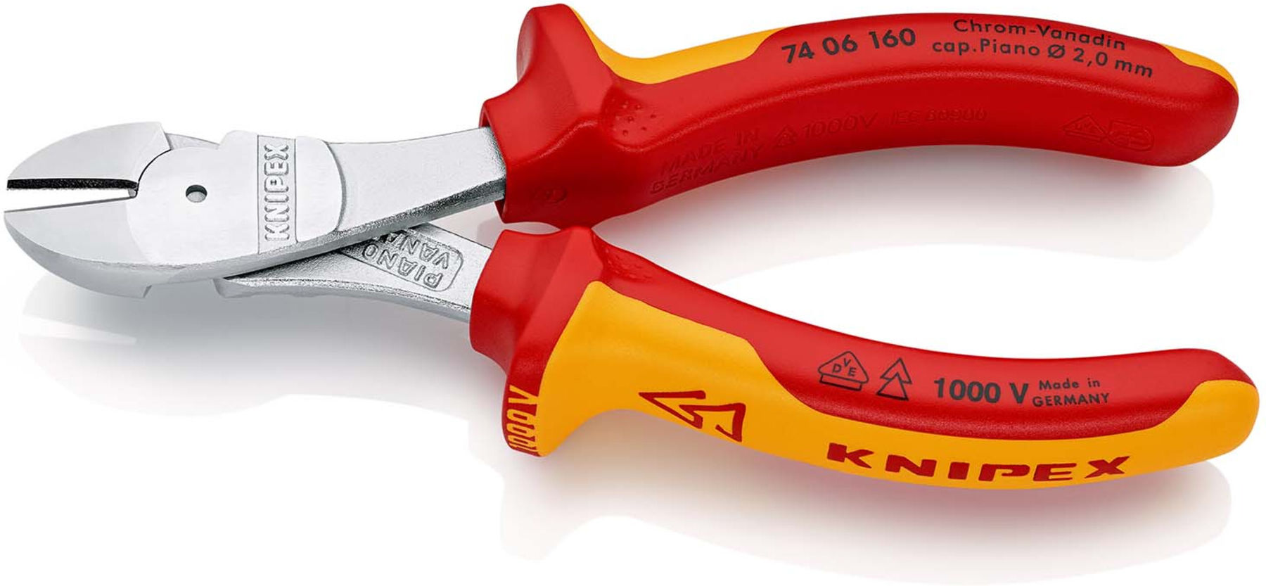 KNIPEX 74 06 160 Kraft-Seitenschneider isoliert mit Mehrkomponenten-Hüllen, VDE-geprüft verchromt 160 mm)