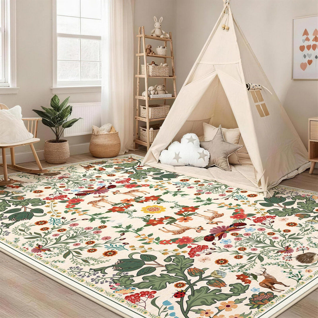 Brambly Cottage Rectangle 160 cm x 230 cm Animal Print Area Rug Deer   Beige 160cm W X 230cm L