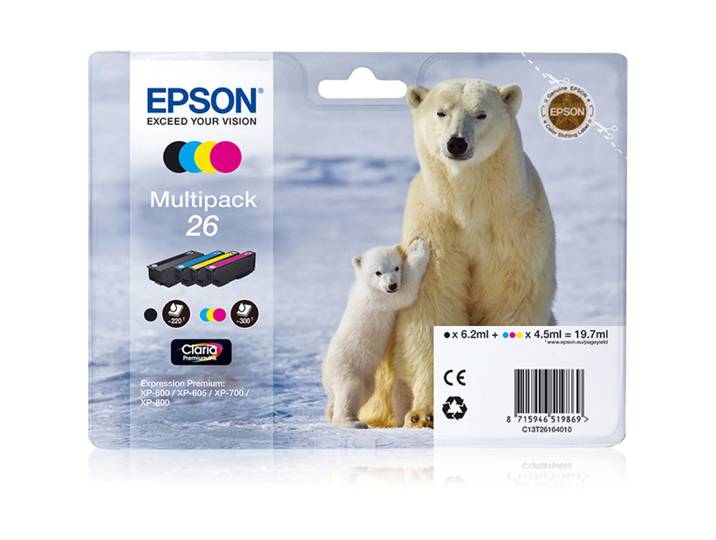 Epson Polar bear Encre Claria Premium multipack 4 couleurs Ours Polaire 26, Rendement standard, Noir, Cyan, Magenta, Jaune, 6,2 ml, 4,5 ml, 1 pièce(s)