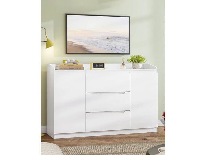 Commode Blanc 3 tiroirs 2 Portes 40x140x87cm Meuble Rangement 3 tiroirs 2 portes bois moderne. chambre salon bureau entrée