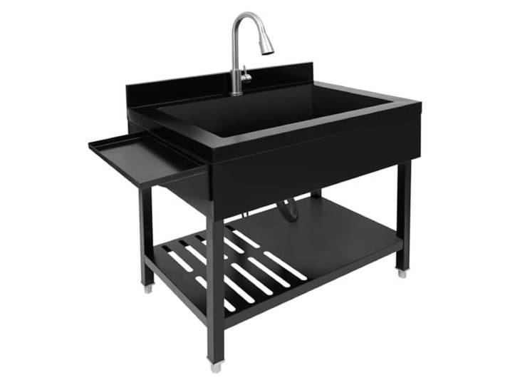 CAIYGG Edelstahl Küchenspüle Schwarz mit Ausziehbarem Wasserhahn Robuste Spüle mit Seitentisch und Untergestell zur Aufbewahrung, ideal für Küchen, Outdoor, langlebig und vielseitig einse