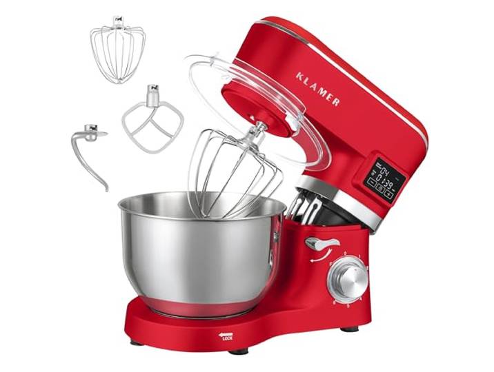 KLAMER Classic Küchenmaschine 1400 W mit 5,5 L Edelstahlschüssel Knetmaschine mit planetarischem Rührwerk verarbeitet schwere Brotteige mühelos, arbeitet gleichmäßig mit Fermentierfunktion