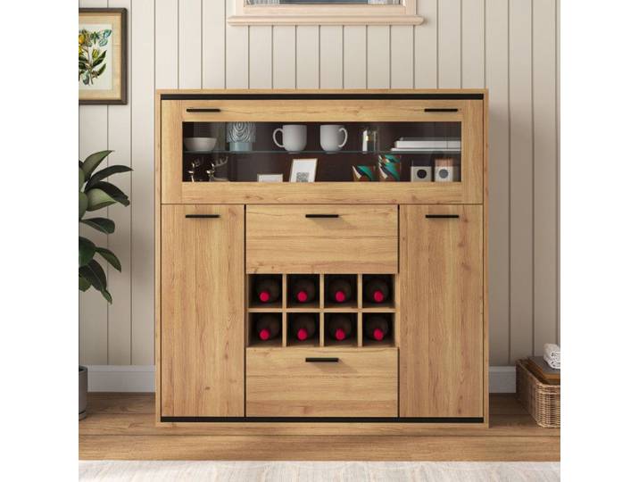 Buffet haut - URBAN MEUBLE - effet bois - éclairage LED - porte-bouteilles - 3 portes
