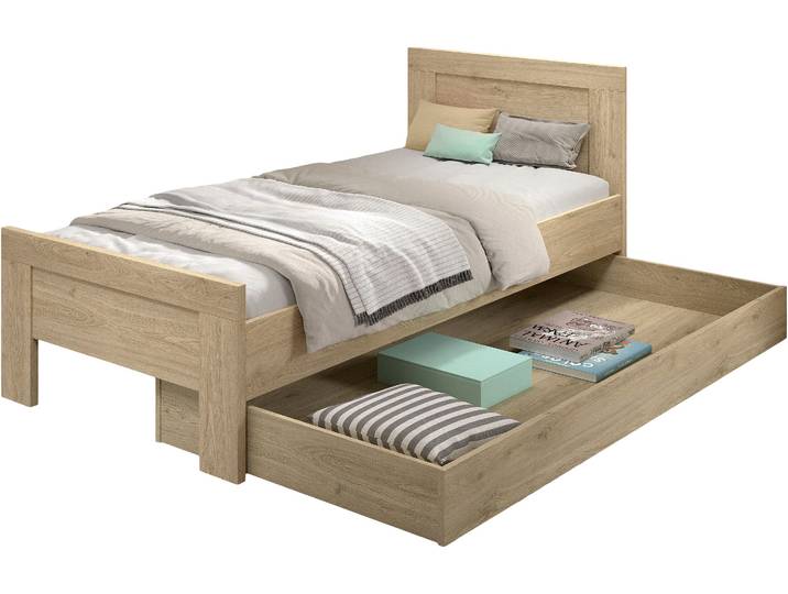 Jugendzimmer-Set VIPACK SAM - Bett und Bettschublade, gradliniges Design in wohnlichem Dekor , braun (eiche dekor), ohne Matratze, B/H: 90cm x 200cm, Schlafzimmermöbel-Sets, Jugendzimmer-Set, die Oberfläche ist pflegeleicht, in der Ausführung Eiche Dekor