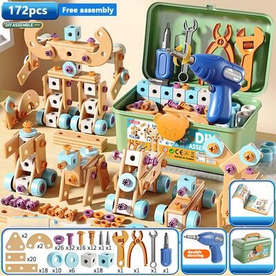 Modern Mode Marketplace Early Educational DIY Nut Hand Puzzle Toy For Boys Shape Insert Blocks Simulated Screwing Toolbox Assembly 172pcs