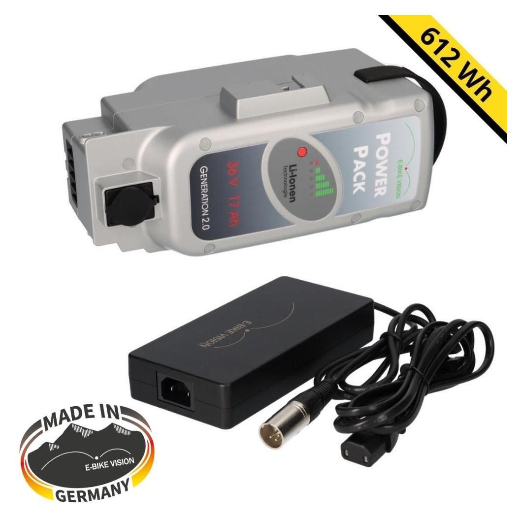 E-Bike Vision PowerPack Panasonic 36V 17Ah 612Wh Set mit 6A Schnellladegerät