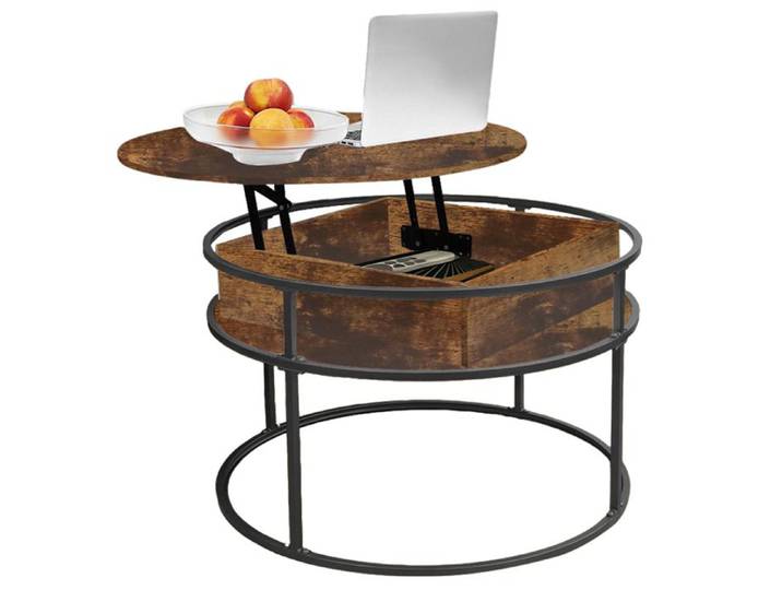 KEDIA Table Basse Ronde 60*60*47cm Avec Plateau Relevable Rangement Caché Cadre Métallique étagères marron et noires