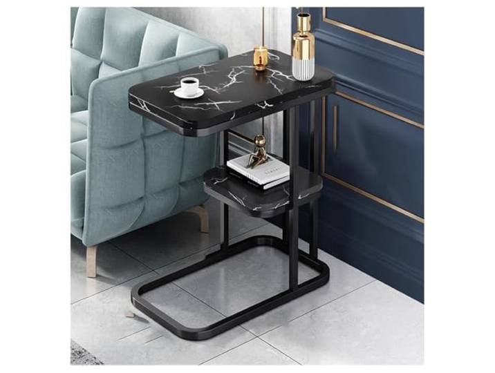 C-förmiger Marmor-Beistelltisch mit doppellagigem Ablagefach for Wohnzimmer Schlafzimmer und Sofa-Snack-Tisch(Black,Double layer)