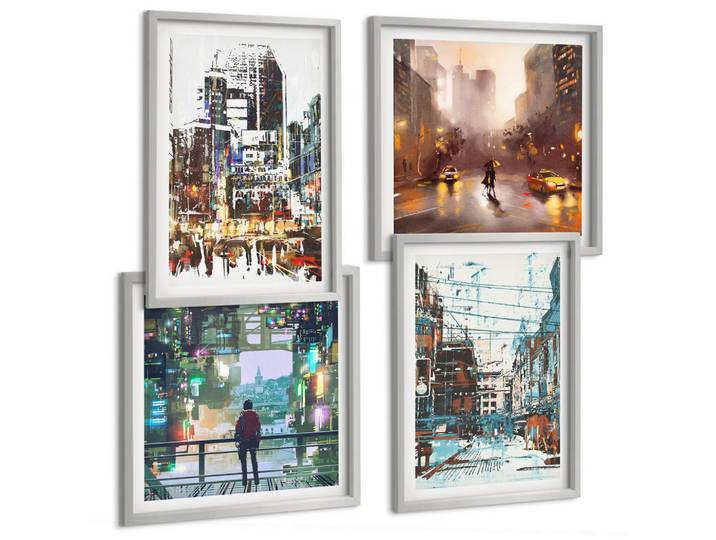 Tulup Bilder SET 4er Set - 50x50 cm & 40x60 cm Silberner Rahmen - Moderne, farbenfrohe Städte mit Charakteren, Silberfarben, Kunststoff, Rechteckig, 50x50 cm, einfache und schnelle Anbringung, Bilder & Rahmen, Bilder