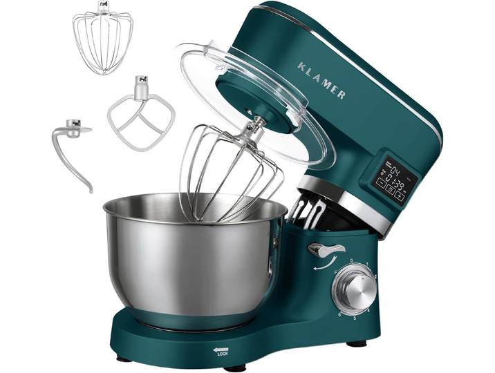 KLAMER Küchenmaschine 1400W, Knetmaschine mit 5,5 Liter Edelstahl Schüssel, 6 Geschwindigkeitsstufen mit Timer, Rührbesen, Knethaken, Schneebesen und Spritzschutz, grün, 1400 W, 5,5 l Schüssel, Spritzschutz, 3 Aufsätze, Saugfüße, digitales Display, Timer