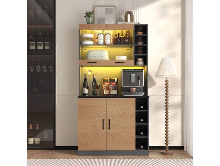Buffet cuisine bois LED ambiant trous cable 100x47x187 cm rangement micro-onde naturel gris