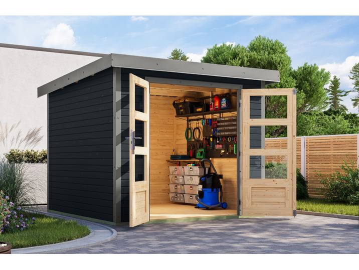 Gartenhaus KARIBU Jupiterino 3,5, in verschiedenen Farben , schwarz (anthrazit, graualuminium), ohne Fußboden, Blechdach, Massivholz, Gartenhäuser, Gartenhaus