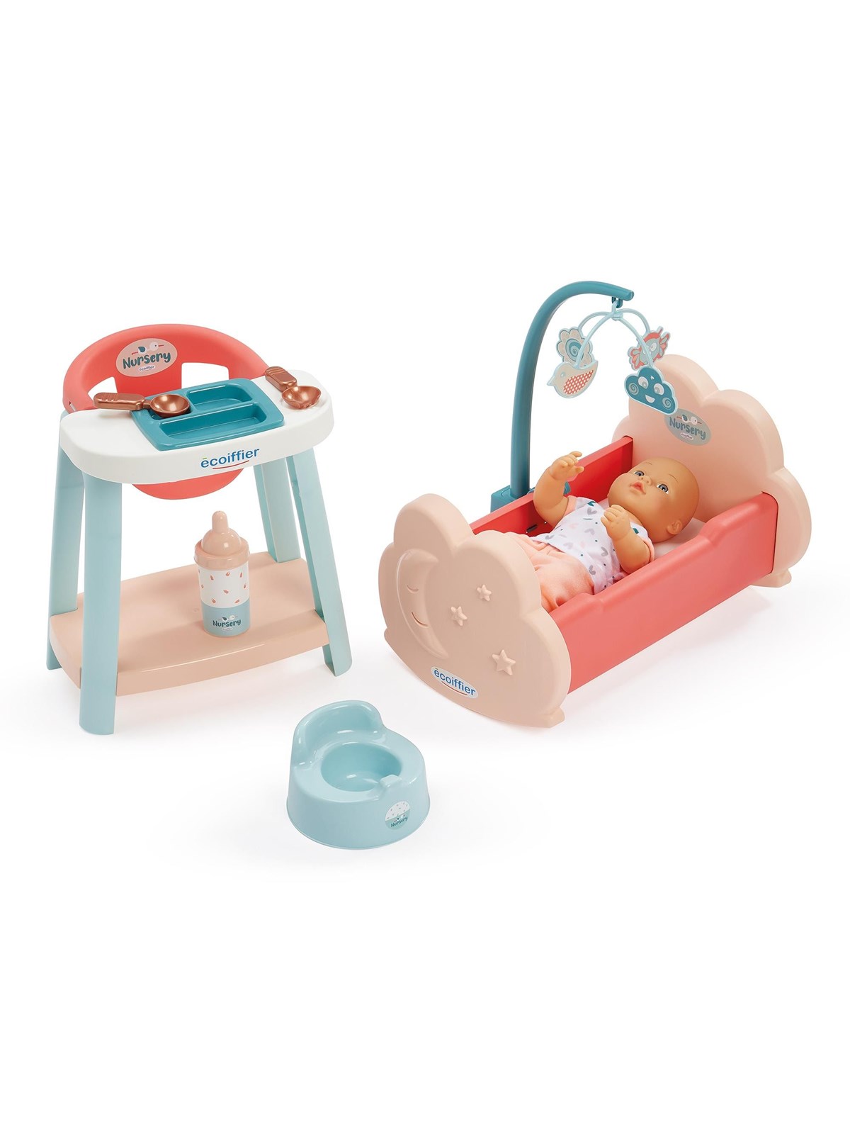 Ecoiffier Puppenbett + Babystuhl + Puppe