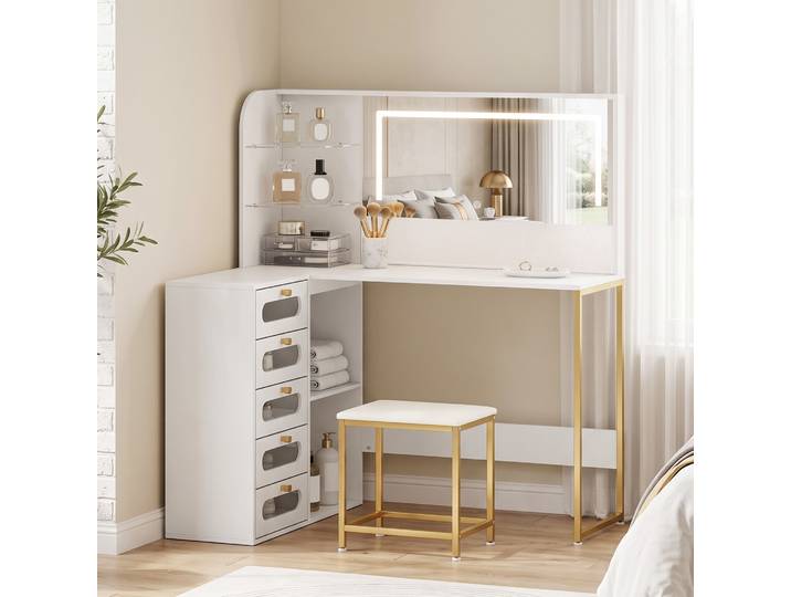 HOMCOM Coiffeuse Blanche Miroir LED Tabouret 5 Tiroirs 2 Étagères