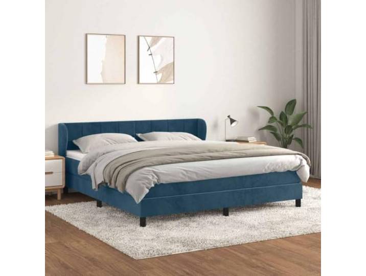 Boxspringbett 180 x 200 cm, Samt Dunkelblau mit Matratze und mit Quadraten Samtbezug aus 100% Polyester, massives Lärchenholz, höhenverstellbares Kopfteil mit Ohren, fürs, Block mit Quadraten