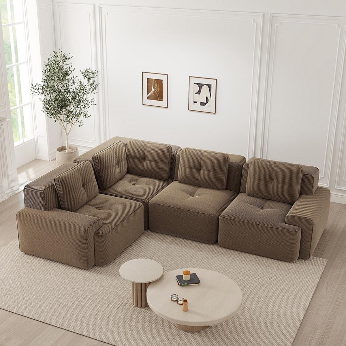 KOMHTOM Modulaire L-vormige Frame-loze Bank voor Woonkamer en Kantoor, Bruin