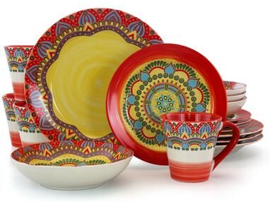 Elama Intricate Floral Pattern Round Stoneware Dinnerware Set in Rose 16 Pieces