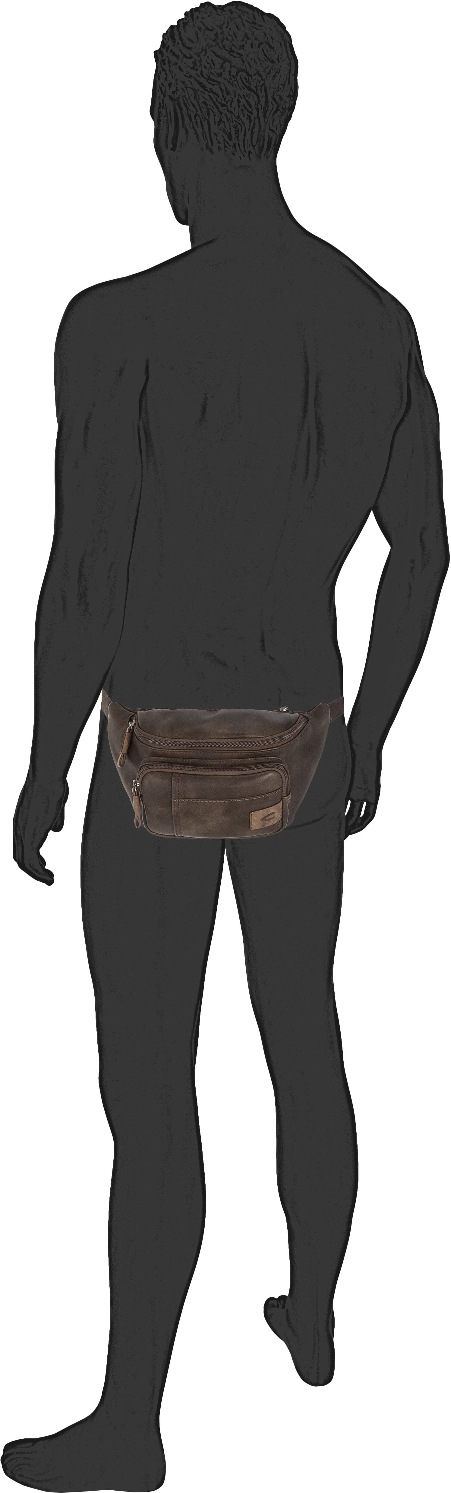 Bauchtasche CAMEL ACTIVE "Laos", Damen, Gr. B/H/T: 29cm x 16cm x 11cm, braun (dunkelbraun), Lederimitat, Retro, beschichtet, kontrastfarbene Details, leichte Abriebeffekte, Taschen Bauchtasche, Unisex Gürteltasche, Crossbody-Bag mit praktischen Details du