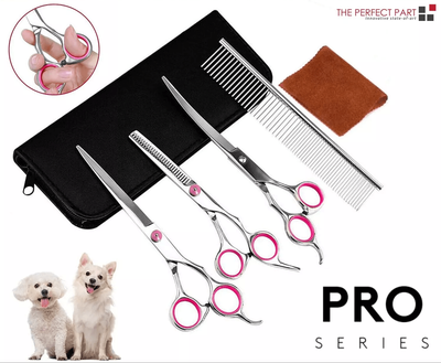 Pet Hub Professional Pet Grooming Scissors Kit, Stainless Steel Curved, Thinning & Straight Shears For Dogs & Cats, All in One Professional Pet Grooming Scissors Kit, Stainless Steel Curved, Thinning & Straight Shears For Dogs & Cats, All in One