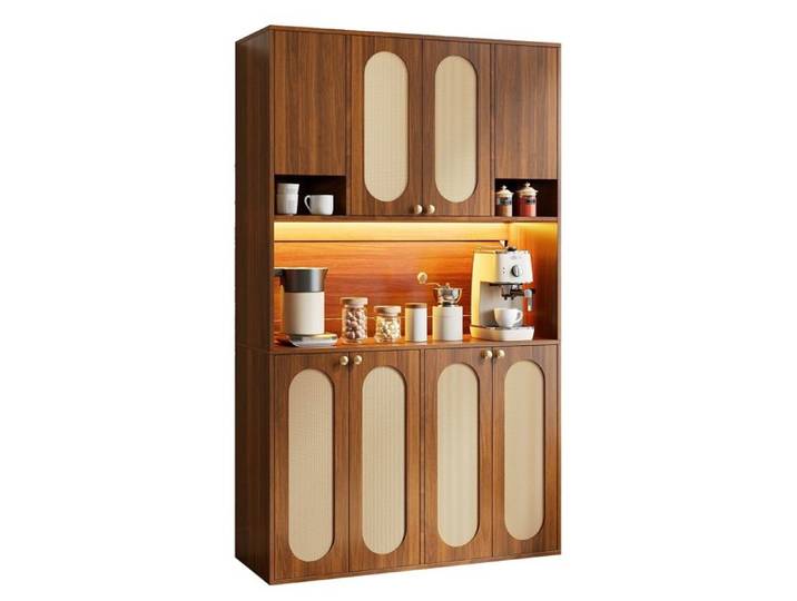 Buffet haut en MDF avec PE-rattan LED réglable 8 portes naturel
