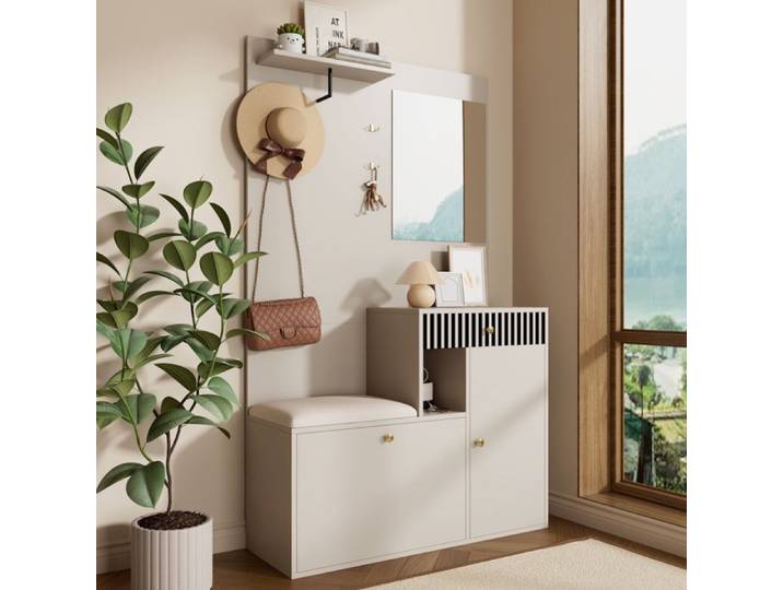Ensemble vestiaire compact avec armoire à chaussures miroir et coussin rembourré armoire de couloir armoire d'entrée murale