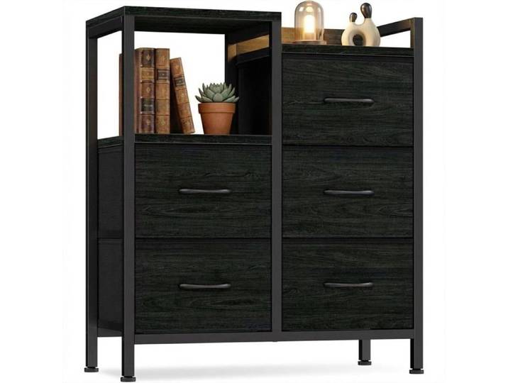 Commde Meuble de rangement bureau 5 tiroirs pour bureau Étagère ouverte Support d'imprimante Convient A4 Noir