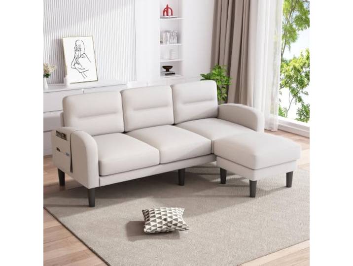 VILUXE Ecksofa 3-Sitzer L-Form mit Chaiselongue & Seitentaschen Beige Modulares 3-Sitzer Ecksofa mit Chaiselongue, 6 Seitentaschen, abnehmbaren Polstern und 10 Stützbeinen