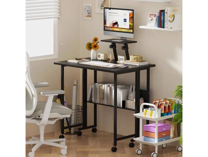 LVHCMFOHM Bureau Pliable Mobile Noir 71x58cm Avec Support Écran Réglable et Étagère Inférieure Roues 360° pour Salon/Bureau