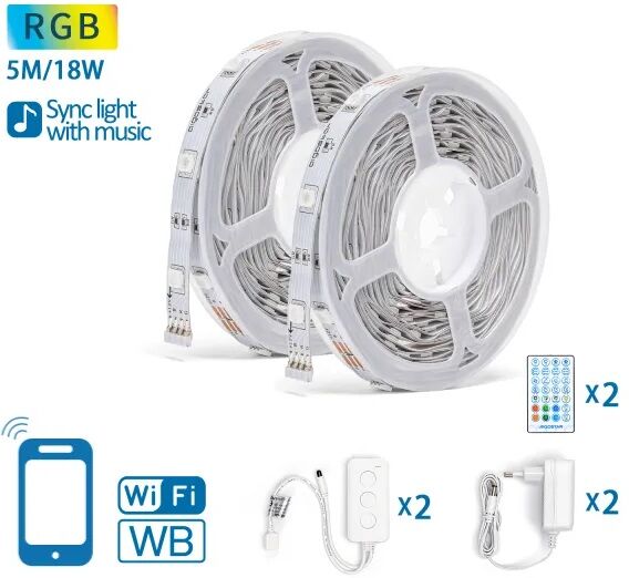 AIGOSTAR Pack 2x Fitas LEDs Smart RGB Wi-Fi (5 mts) + 2x Controladores + 2 x Fontes Alimentação