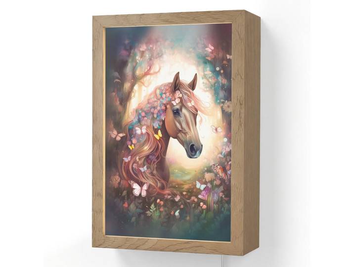 OnlyWow Wandleuchte - Pferd - Natur - Blumen - Schmetterlinge - Wald - 20x30 cm, Dunkelbraun, Holzwerkstoff, Rechteckig, LED integriert, 20x30x8 cm, Lampen & Leuchten, Innenbeleuchtung, Wandlampe