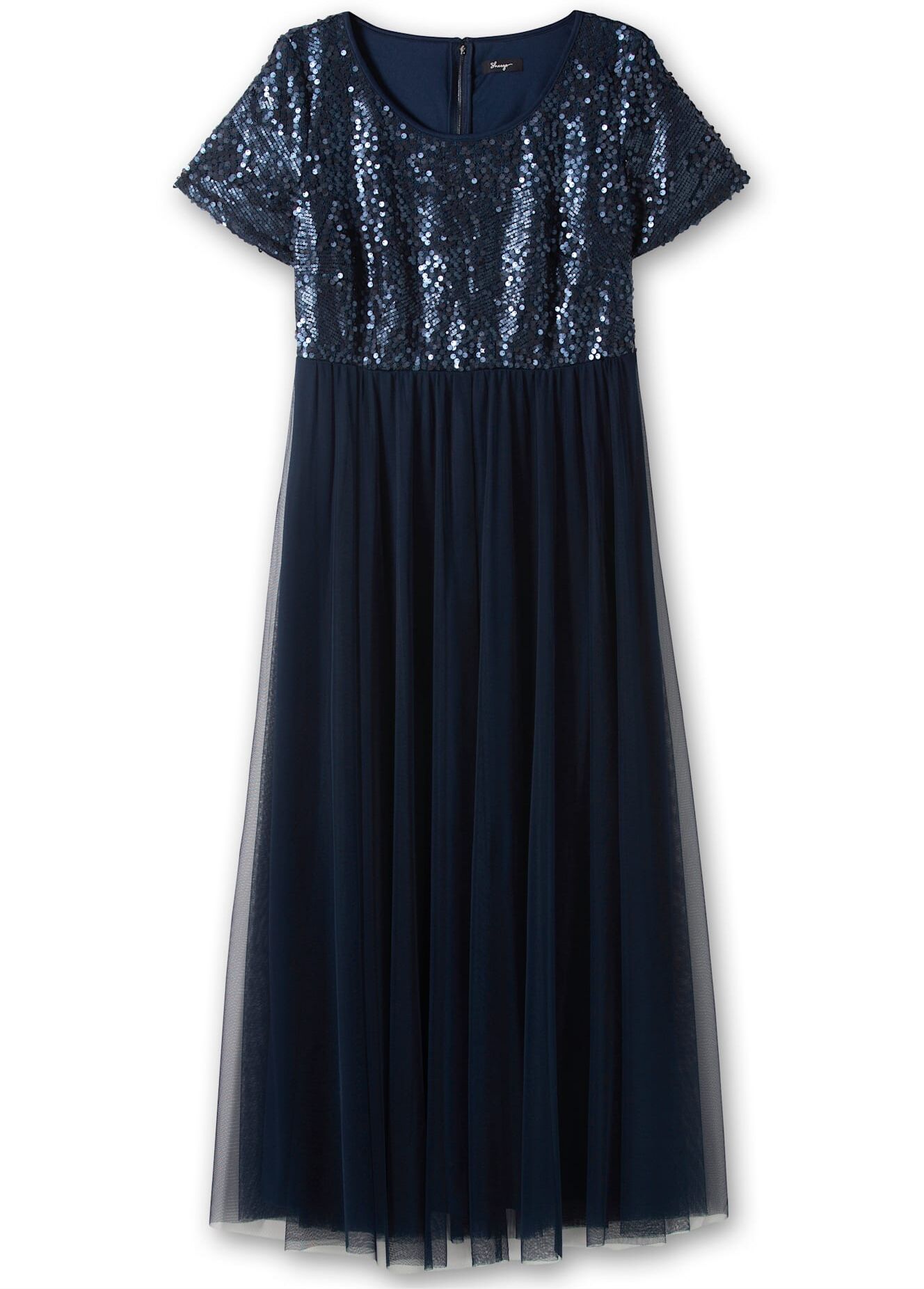 Abendkleid SHEEGO "Abendkleid", Damen, Gr. 52, Normalgrössen, Kurzarm, blau (marine), 100% Polyester, unifarben, lang, Rundhals, Kleider Abendkleid marine 52, Normalgrössen, Kurzarm