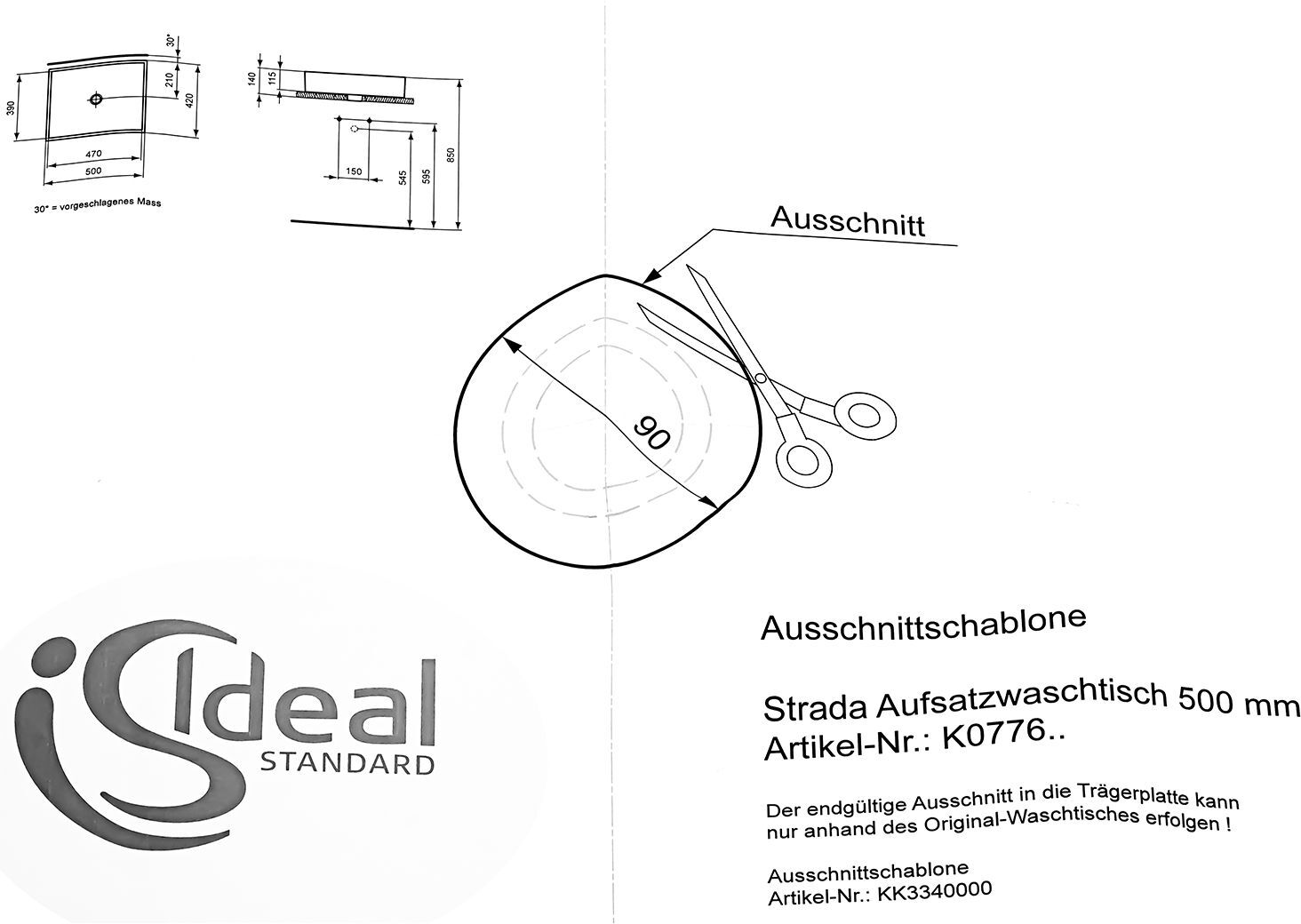 Ideal Standard template for Strada countertop washbasin 50 cm