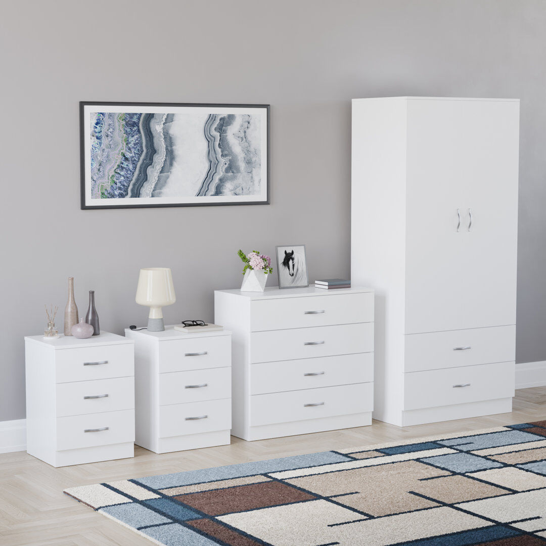 17 Stories Tayce 4 Piece Bedroom Set (3 Drawer Bedside Chest X2, 4 Drawer Chest, 2 Door 2 Drawer Wardrobe) White