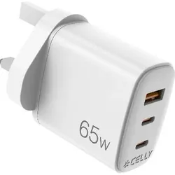 Celly GaN-Ladegerät 65W 2xUSB-C 1xUSB-A (65 W, 3 Ports), USB Ladegerät, Weiss
