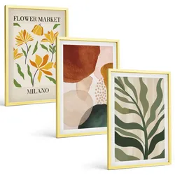 BILDER SET 3er Set - 40x60 cm Goldrahmen - Florale abstrakte Formen