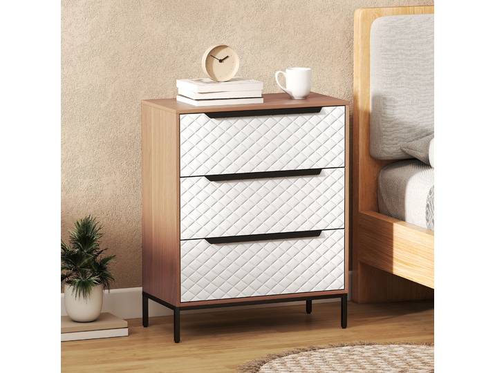 HOMCOM Commode 3 Tiroirs Tissu Motif Diamant Blanc/Naturel