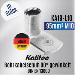 Kalitec, Kabelverbindung, 10 Stück KA19-L10 Handelsübliche Rohrkabelschuhe gewinkelt 95mm2 M10 I ohne Sichtloch I 90°