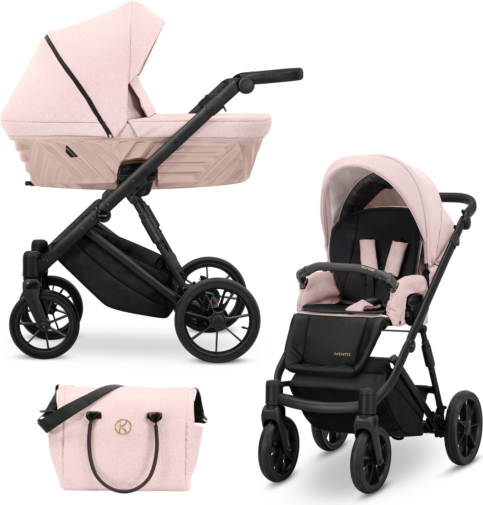 Kinderwagen IVENTO Sportwagen Babywagen Babyschale Komplettset Kinder Wagen Set 2 in 1 (Smoky Pink, Rahmenfarbe: Schwarz)
