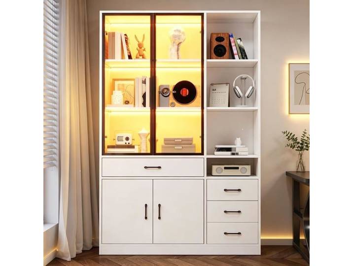 Vitrine LED-120x35x200 cm- avec porte en verre trempé - 4 tiroirs et 4 compartiments ouverts - armoire de cuisine - Blanc